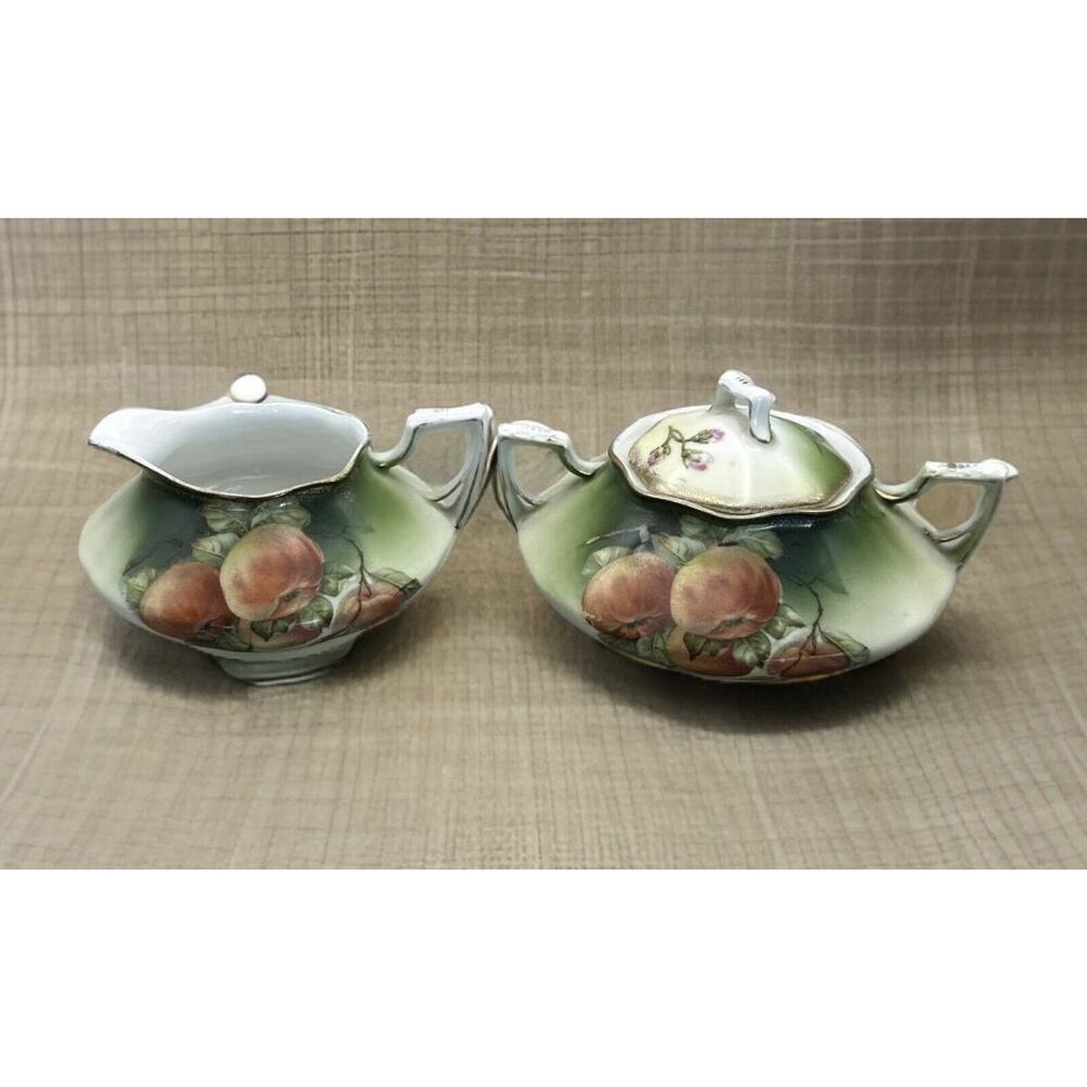 Antique P.T. Bavaria Tirschenreuth Hand Painted Apple Cream and Sugar bowl w Lid